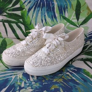 Kate Spade x Keds White Platform Sparkle Tennis Shoe